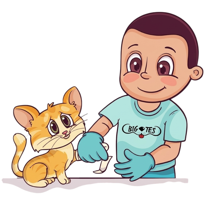 Veterinario de Bigotes con guantes curando la patita de un gatito
